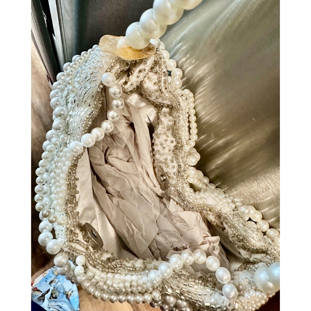 VIRAL INDIA HANDMADE Beaded Pearl Scallop Evening Bag Bridal Wedding Clutch - Picture 10 of 11